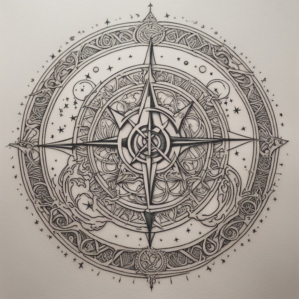 in the style of fineline tattoo, with a tattoo of Das Bild s