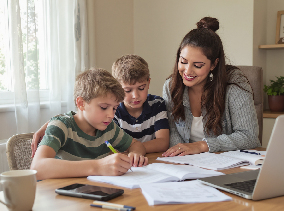 Two brothers studying their mock exam with their mother at home.