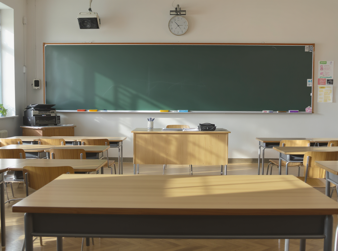 Classroom ready to receive students that are taking the GL Assessment exam.