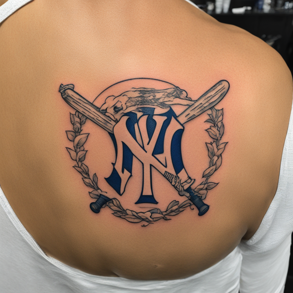 in the style of fineline tattoo, with a tattoo of New York Y