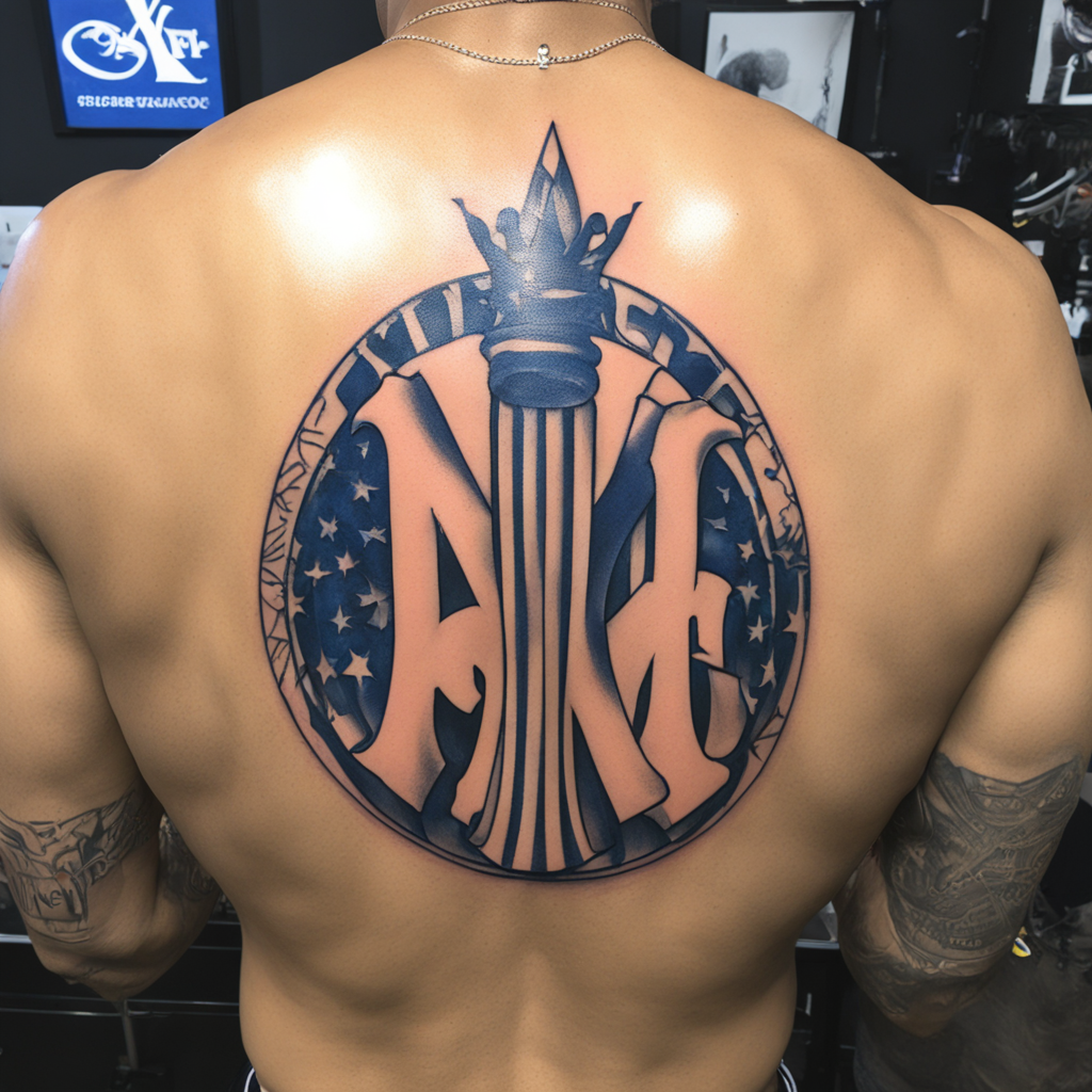 in the style of fineline tattoo, with a tattoo of New York Y