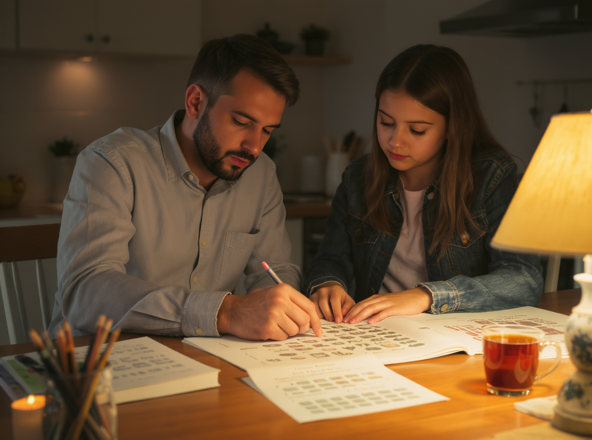 Father supporting his daughter with 11 plus non-verbal reasoning practice at home