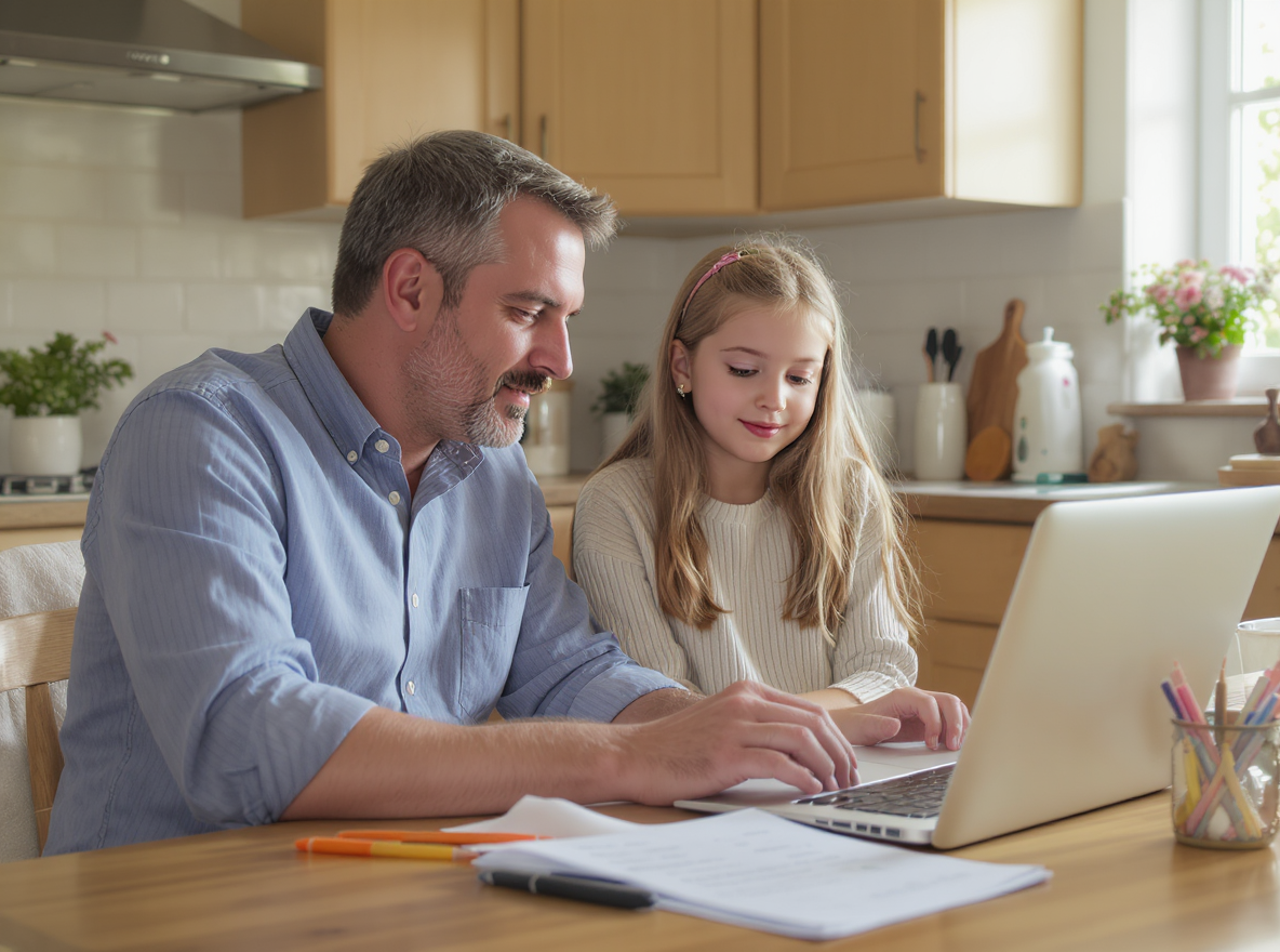 Father supporting his daughter with 11 plus non-verbal reasoning practice at home