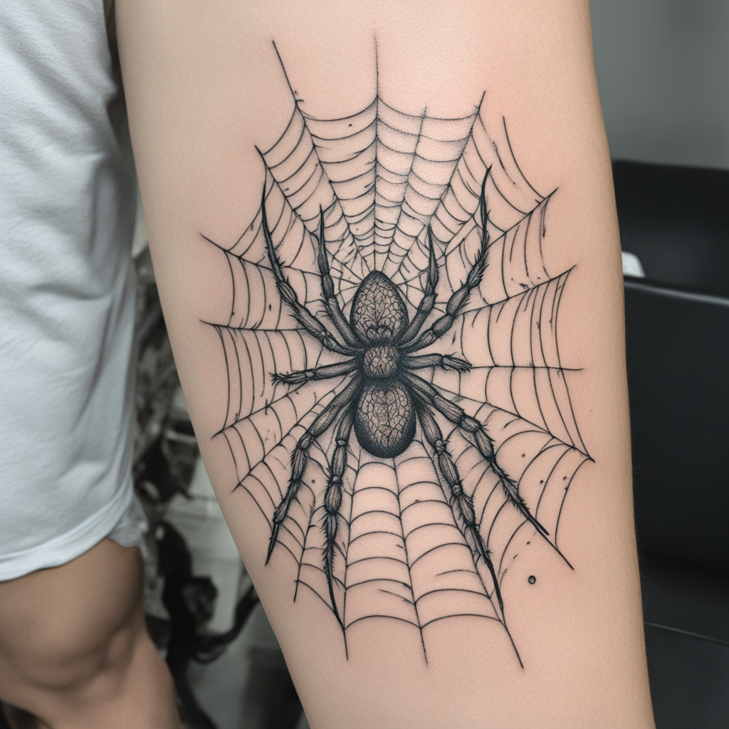in the style of fineline tattoo, with a tattoo of Spider
