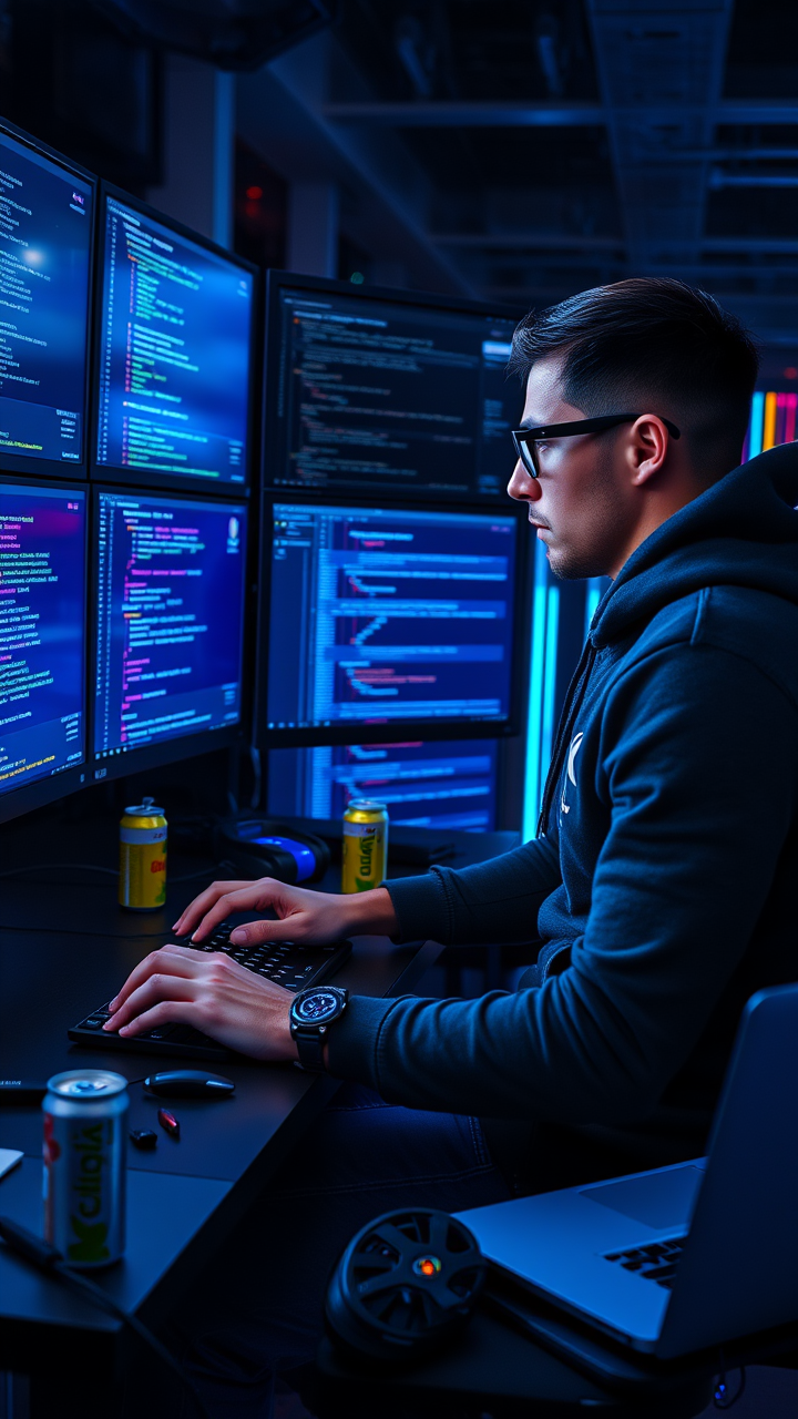 Cybersecurity expert typing rapidly across six glowing monitors