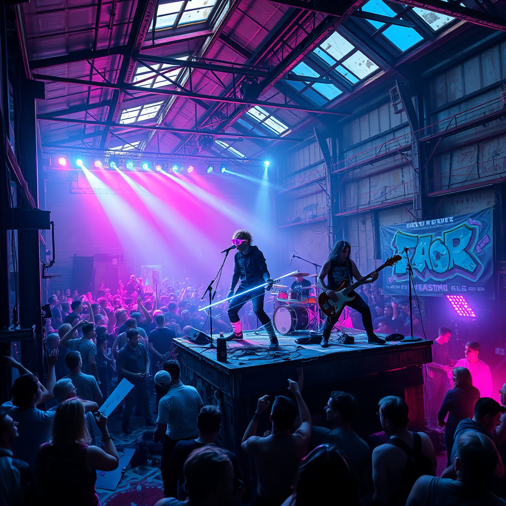 Glitch-core bands perform in abandoned factories