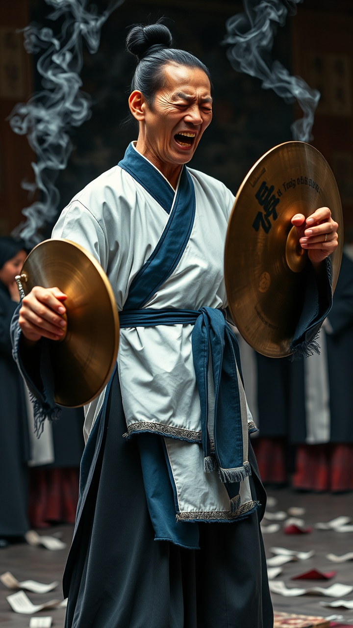 Professional mourner clashing cymbals at Taoist funeral