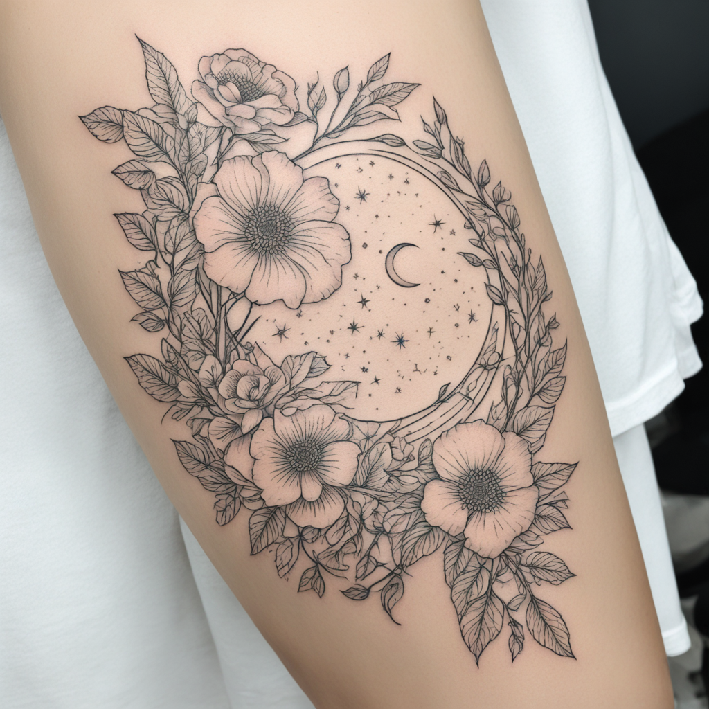 in the style of fineline tattoo, with a tattoo of thigh tatt