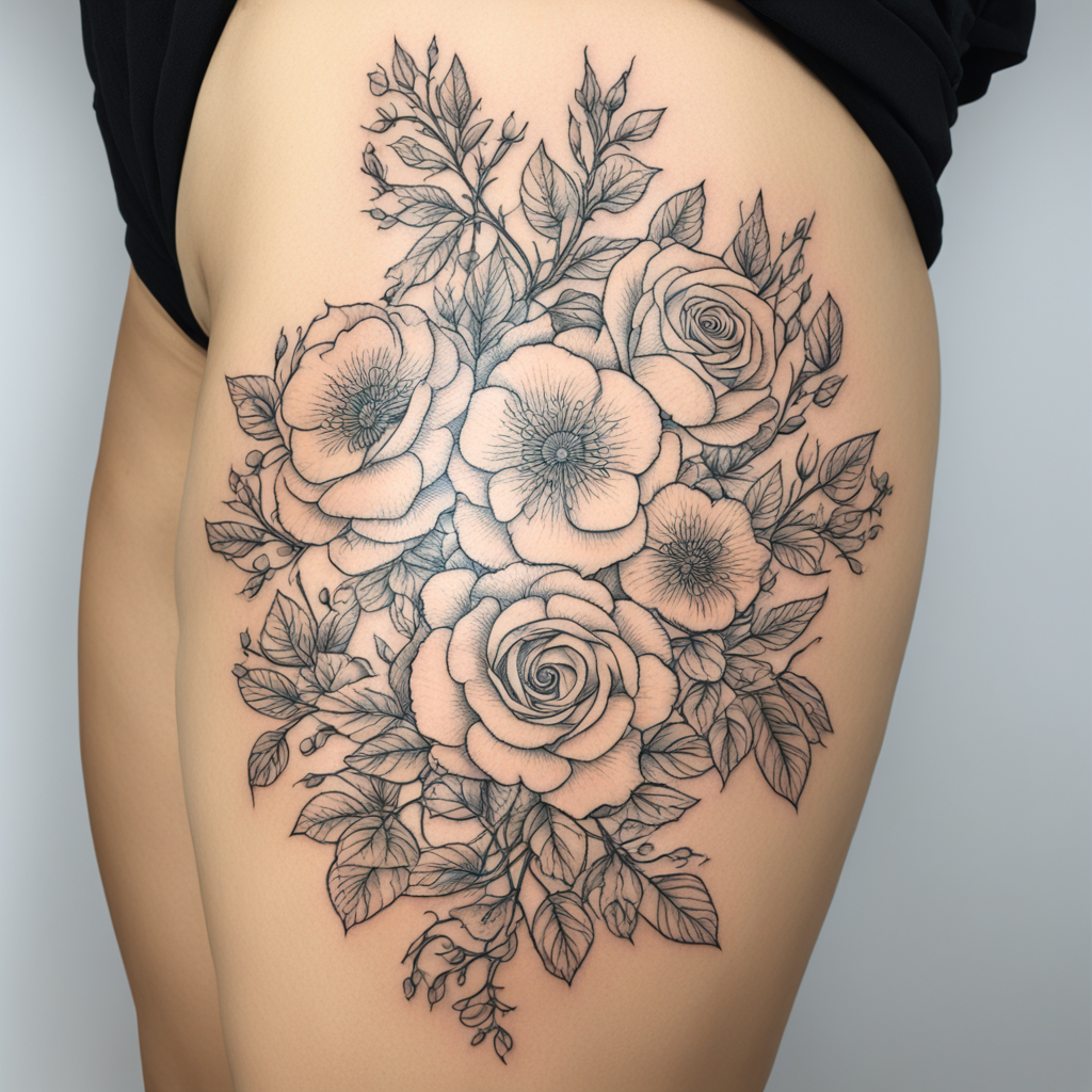 in the style of fineline tattoo, with a tattoo of thigh tatt