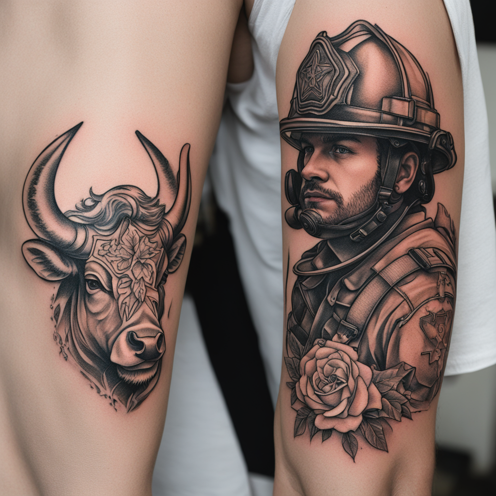 in the style of fineline tattoo, with a tattoo of Taurus tat