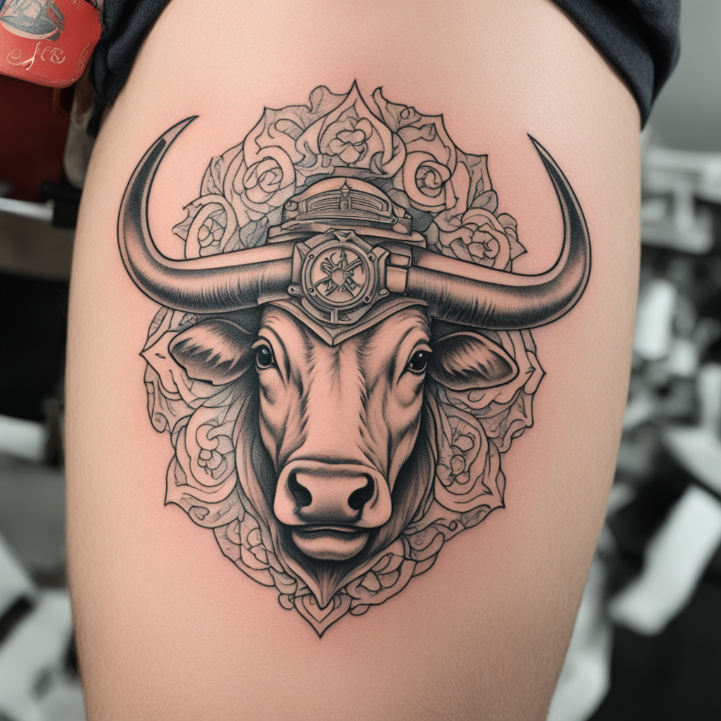in the style of fineline tattoo, with a tattoo of Taurus tat