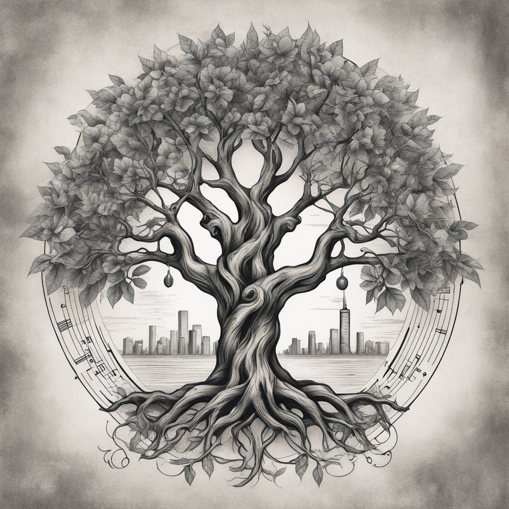 in the style of illustrative tattoo, with a tattoo of A blac