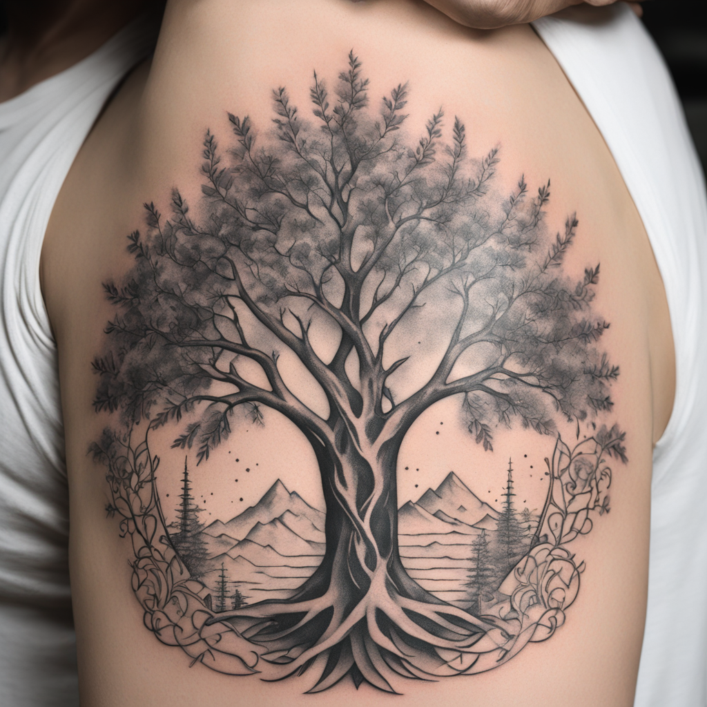 in the style of fineline tattoo, with a tattoo of A black-an