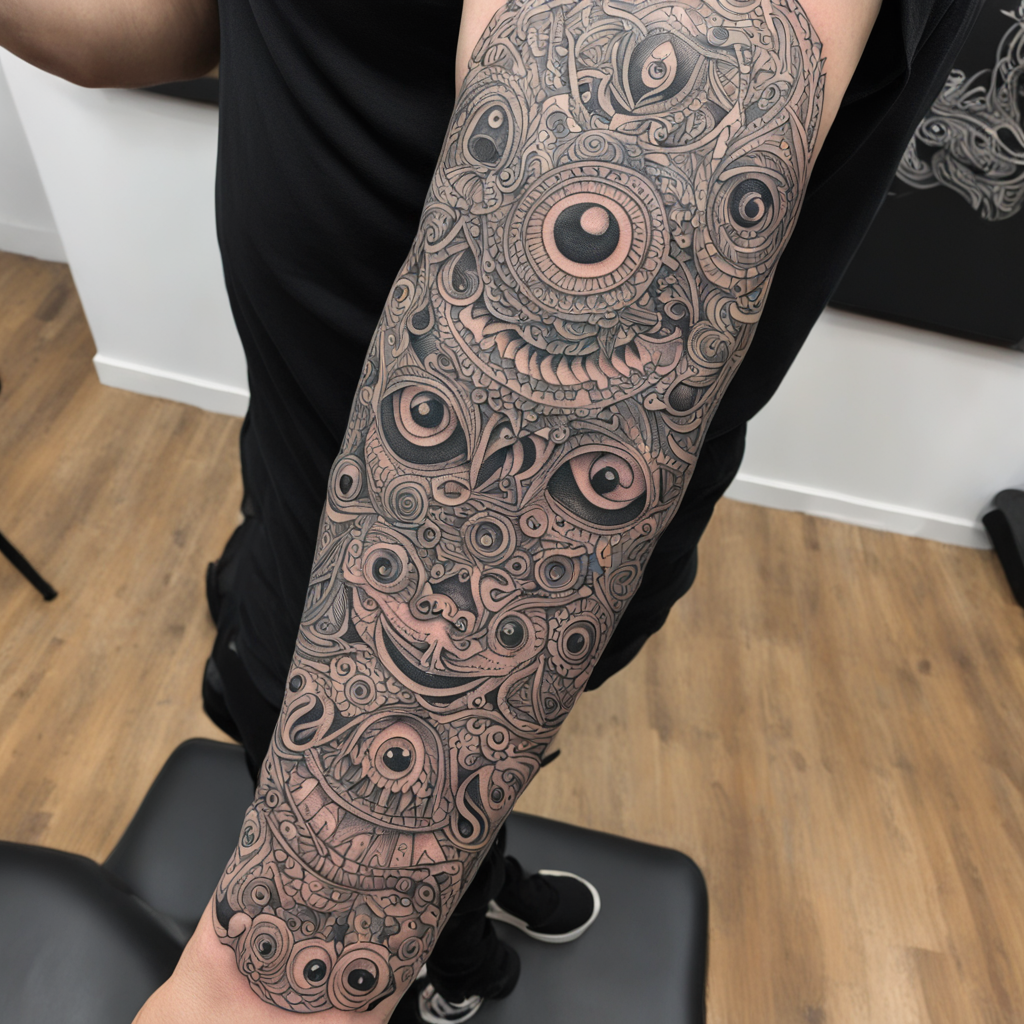 in the style of fineline tattoo, with a tattoo of a huge num