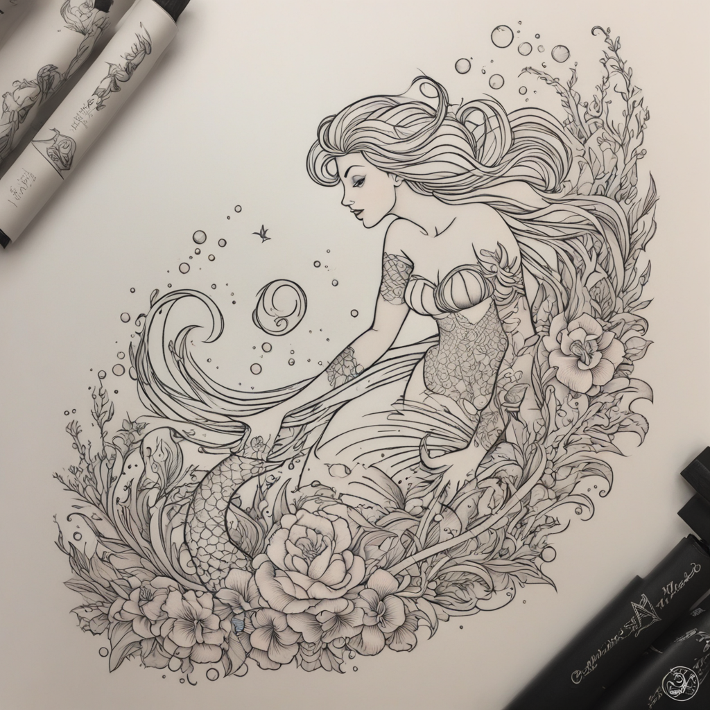 in the style of fineline tattoo, with a tattoo of Little mer