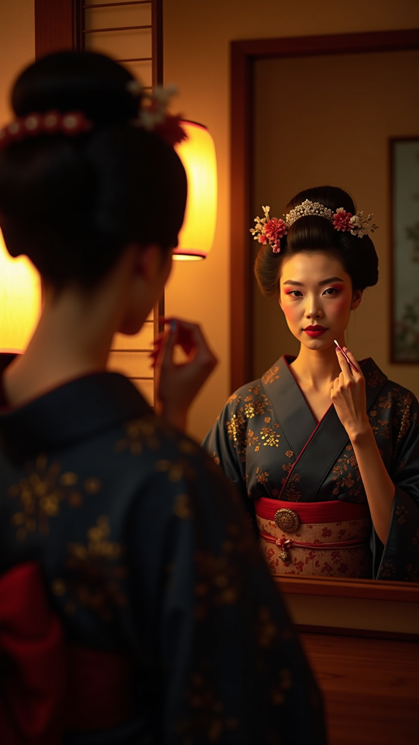 게이샤, 종이 등불 앞 거울 보며 붉은 립스틱 바르기